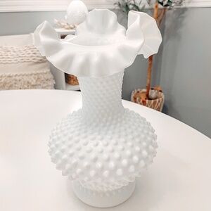 Fenton Hobnail Milk Glass Ruffled Rim Tall  Vase